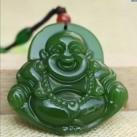 Green jade carved happy Buddha necklace - Picture 4 of 6
